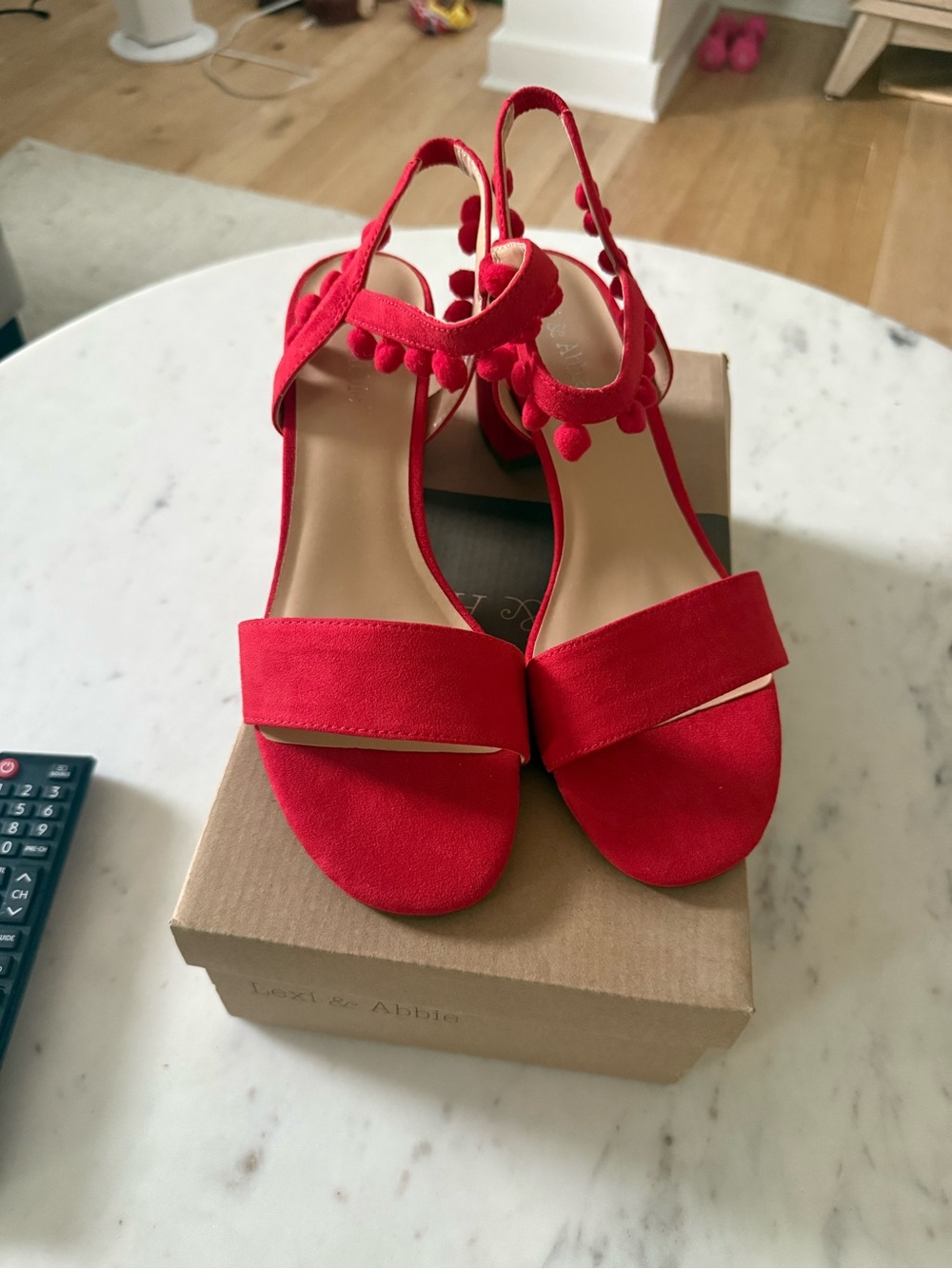 Women's Red Pom-Trim Block Heel Sandals - Picture 2 of 3